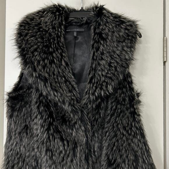 White House Black Market Faux Fur Long Vest Gray Black Sleeveless Jacket Med - Picture 4 of 15
